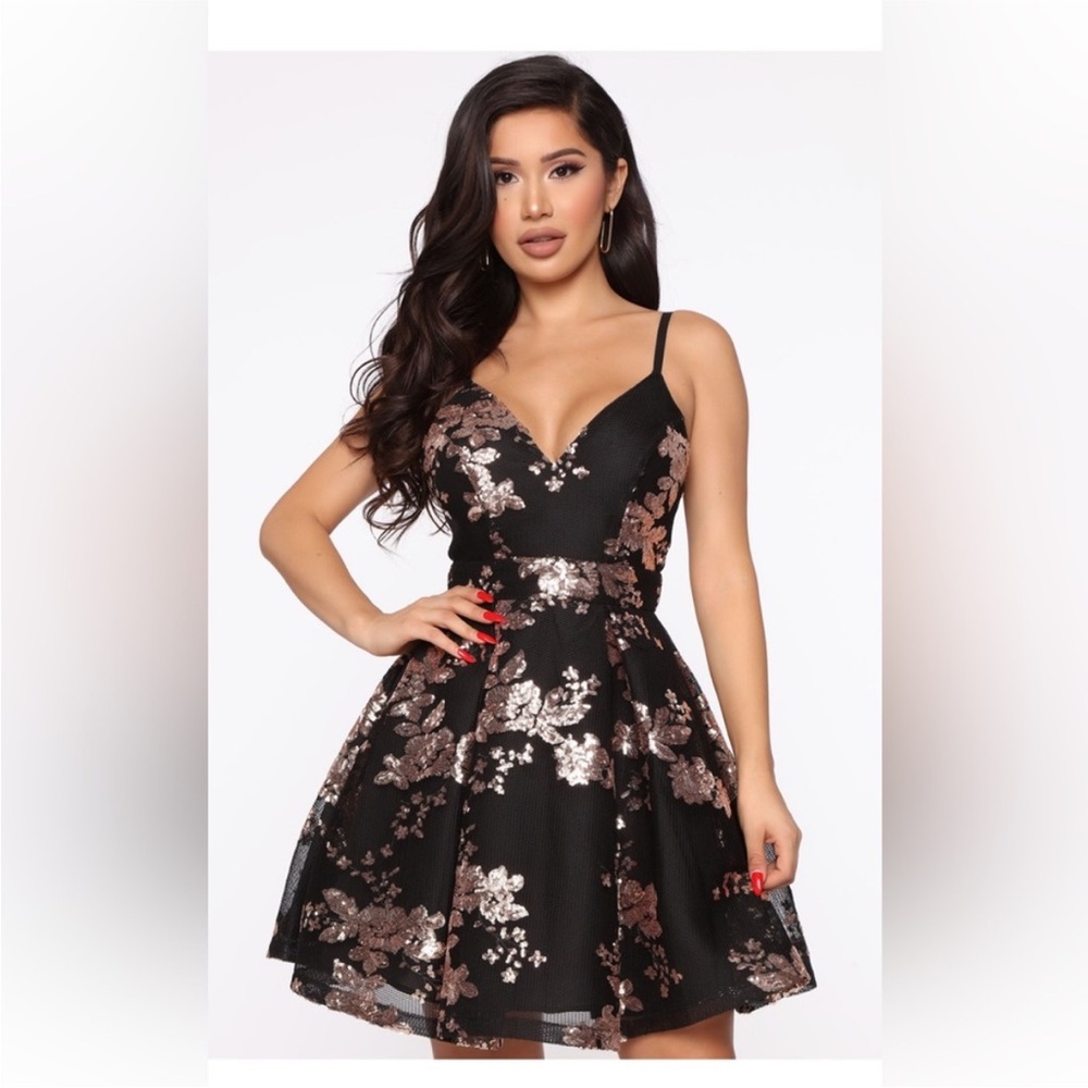 Fashion Nova Black and Gold Sequin Mini Dress